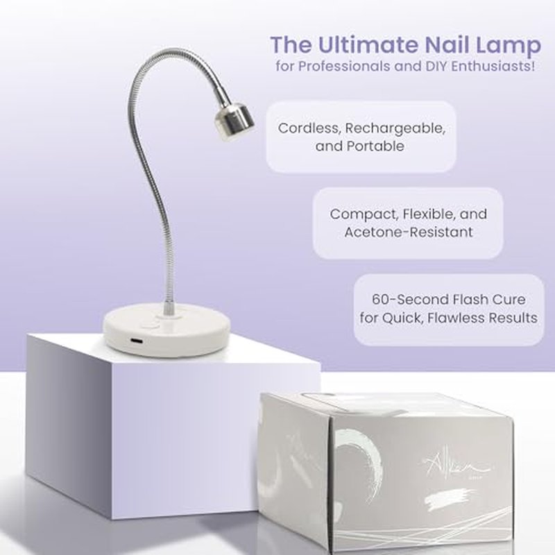 ALLKEM Portable Cordless Gooseneck UV/LED Nail Lamp ? Rechargeable Gel X Nail Dryer, Flash Cure Light for Home & Salon use ? (USB Powered, 360¡Æ Adjustable Gooseneck, 3W) - Silver
