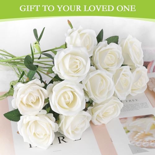 Hananona 100 White Artificial Roses - Realistic Silk Flowers Bulk, 20 Inch Stems