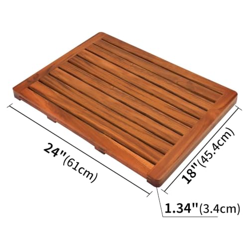 Teak Wood Bath Mat 24x18 Inches - Rectangular Bathroom Shower Floor Mat