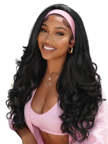 Lady Miranda Yaki Curly Headband Wig - Black Layered Flip Curls 26 Inches