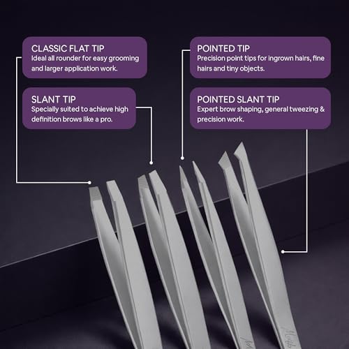 Matte Silver Fiber Tip Tweezers Set for Eyebrow & Facial Hair Removal – Men & Women