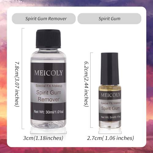 MEICOLY Spirit Gum Adhesive and Remover Combo Kit,Prosthetic Bald Cap Adhesive Glue,Face Skin Glue for Costume,Pro Makeup Glue Adhesive for Face Body Mustache Beard