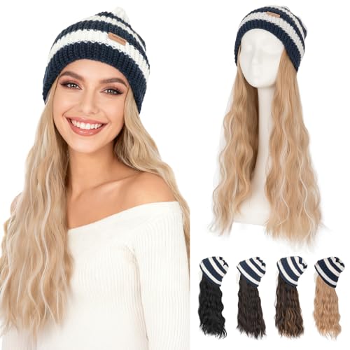 Hairro Beanie Wig Hat with Synthetic Hair - Winter Warm Knitted Cap for Women, 18" Blue & White Variation