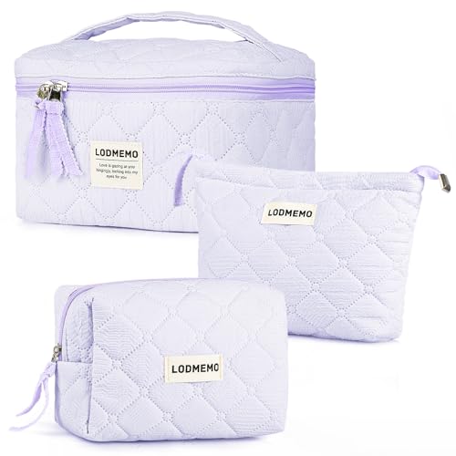 Makeup Bag 3 PCS Cosmetic Bags for Women, Quilted Travel Make up Bag Set Cute Cotton Toiletry Bag Organizer Pouch for Purse, Purple