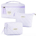 Makeup Bag 3 PCS Cosmetic Bags for Women, Quilted Travel Make up Bag Set Cute Cotton Toiletry Bag Organizer Pouch for Purse, Purple