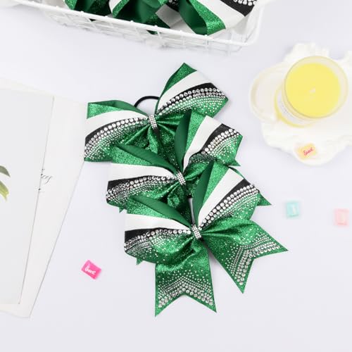 Deeka 6 pcs 7" Glitter Cheer Hair Bows for Girls with Rhinestones - Green/Black/White