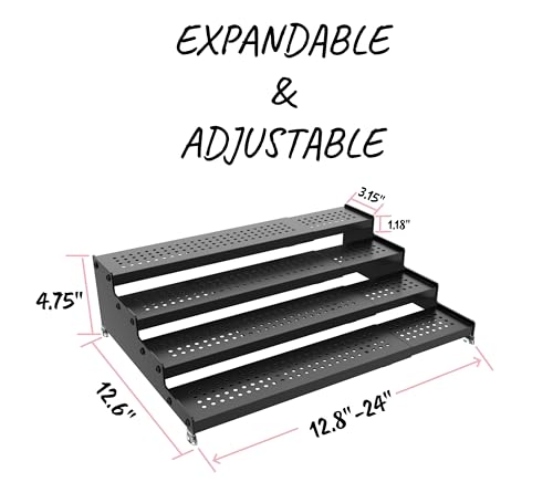 Black 4-Tier Expandable Step Shelf Storage Rack - Stable Non-Slip Display Organizer (2 Pack) with Holes