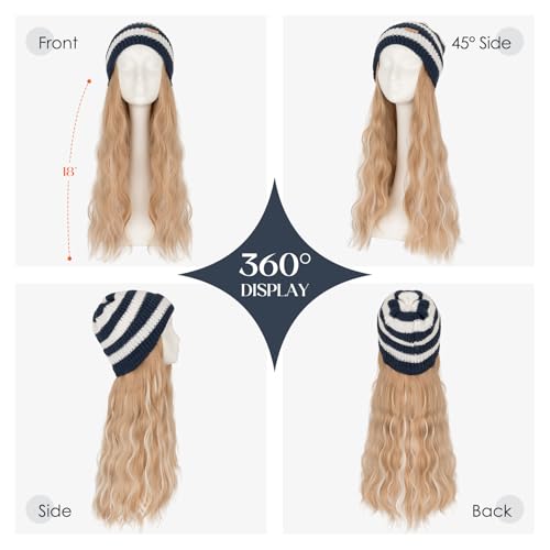 Hairro Beanie Wig Hat with Synthetic Hair - Winter Warm Knitted Cap for Women, 18" Blue & White Variation