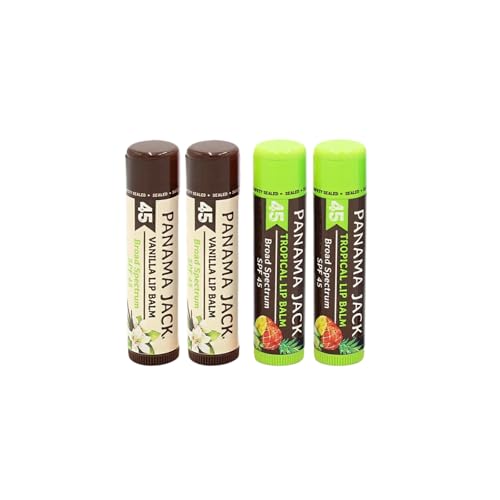 Panama Jack Passport to Flavor - Travel Sunscreen Lip Balm Bulk SPF 45 Stick - 4 Pack Tropical & Vanilla