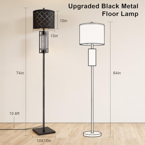 74-Inch Modern Floor Lamp with Nightlight - Black Metal Tall Standing Lamp, Stable Base