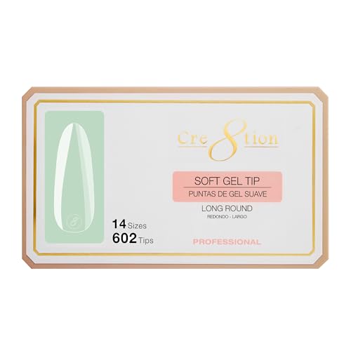 Cre8tion Soft Gel Nail Tips, Long Round Shape, 602 Tips in 14 Sizes (00-9) for Professional Nail Extensions