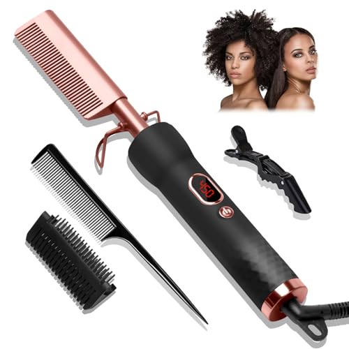 Black Hot Comb for Wigs & Hair Styling - 12 Temp Settings up to 450°F, Portable Electric Straightening & Curling Iron - Trylater