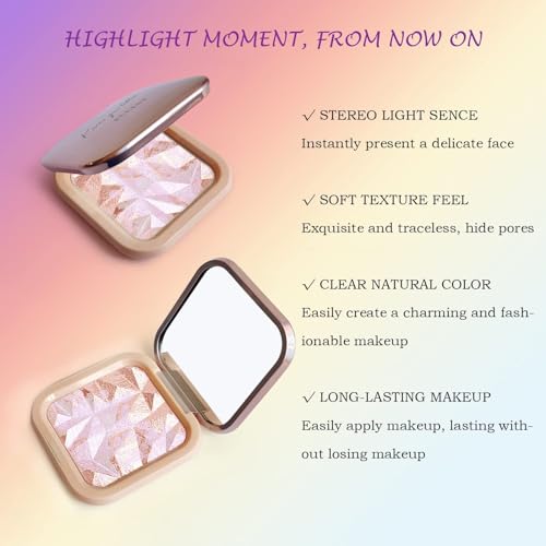 Highlighter Makeup Palette Shimmer Contour Palette Powder for Brighten Face Contour Gold Cheek Highlight Makeup, Long Lasting Highlighter Powder with Mirror for Illuminator Makeup (PINK GOLD)