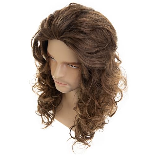 RicHyun Men's Long Curly Wavy Brown Wig Synthetic Cosplay Hair - Halloween & Party Costume