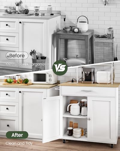 Kitchen Island Cart with Drop Leaf, Power Strip, Storage Cabinet & Drawer - White & Natural