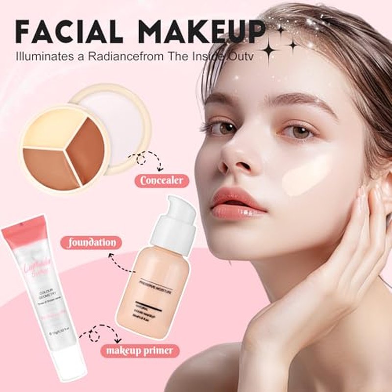 All In One Makeup Kit for Teen Girls Beginners with Foundation,Eyeshadow, Lipstick, Eyeliner, Mascara, Brushes, Bag, Travel Friendly MakeUp Gift Set, Birthday Gifts for Teen Girls, Graduation Gifts