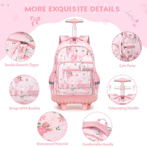 Girls Luminous Rolling Backpack with Lunch Box & Pencil Case - Flower Variation