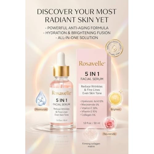 Rosavelle¢â 5-in-1 Facial Serum with Hyaluronic Acid, Vitamin C, Niacinamide, Collagen & Vitamin E | Lightweight Hydrating Face Serum for Brightening, Anti-Aging & Daily Skincare | 1.0 fl oz