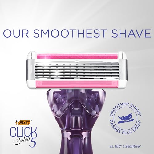 BIC Click 5 Soleil Women's Disposable Razors; 5 Blades With a Moisture Strip For a Smoother Shave; 1 Handle and 3 Cartridges; 4 Piece Razor Set