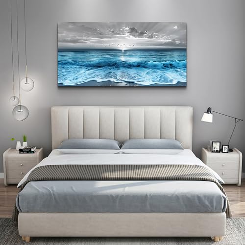 Large Canvas Wall Art - Blue Sea Wave Ocean Painting 24x48 Inch for Living Room Bedroom Office Decor - Variation of THIS listing