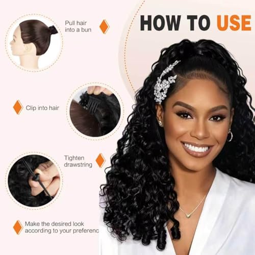 MAHKOTAKU Burmese Curly 20" Human Hair Ponytail Extensions, Natural Black
