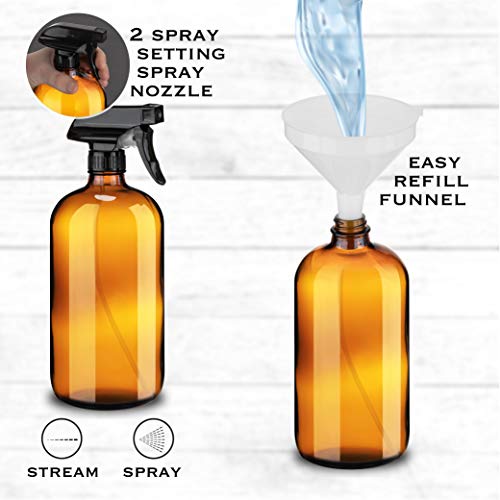 Large 32oz Amber Glass Spray Bottles with Funnel - Refillable Trigger Sprayer Containers for Oils, Cleaning Products, Plant Misting, Cooking, Hair, and Beauty. Includes 4 Bottles and 1 Funnel.