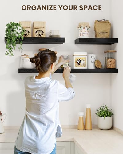 Black 55-inch Floating Wall Shelves Set of 2 with Invisible Brackets - Rustic Wood
