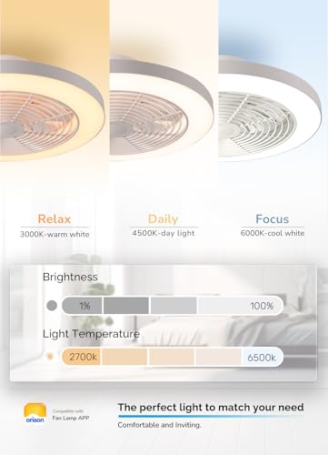 Orison White Low Profile Ceiling Fan with Lights & Remote Control, 6 Speeds, Smart Dimmable, 19.7"