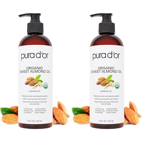 PURA D'OR 16 Oz ORGANIC Sweet Almond Oil-100% Pure&Natural USDA Certified Cold Pressed Carrier Oil For DIY Beauty-Non-Greasy,Unscented,Hexane Free Moisturizer-Massage-Oil For Hair&Skin,(Pack of 2)
