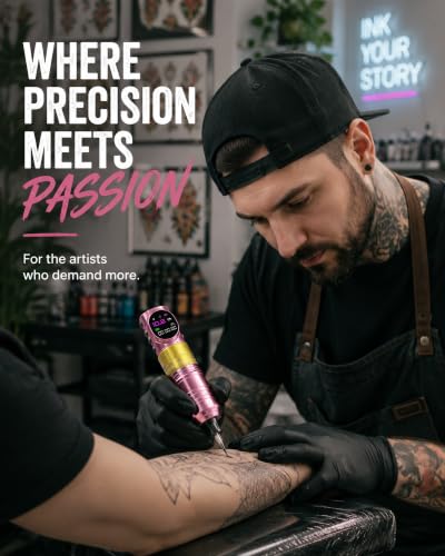 Wireless Rotary Tattoo Gun with Dual Batteries - Pink, 6 Stroke Settings