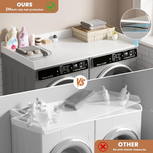 White Wooden Laundry Countertop for Washer & Dryer - 54" x 27.5", Edge Rails, Anti-Slip Strips, 1 Tier