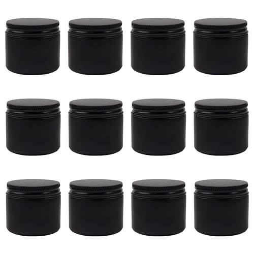 Black Glass Cosmetic Jars Set of 12 - 2 oz Matte Finish with Metal Lids