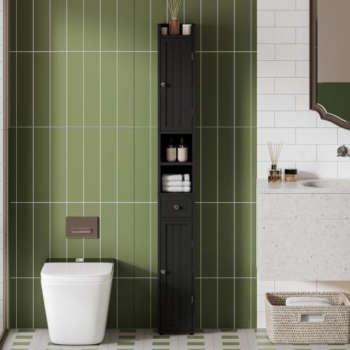 Narrow Bathroom Storage Cabinet with Adjustable Shelves & Drawer - Black