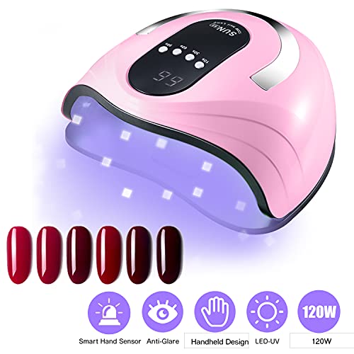 UV Gel Nail Lamp 120W LED Nail Light Fast Nail Dryer for Gel Polish Curing with 4 Timers Portable Handle Large Space Automatic Sensor(Pink)