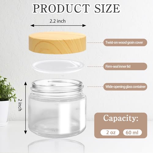 25 Pcs Glass Jars with Plastic Woodgrain Lids and Inner Liners 2 oz Clear Cosmetic Containers Empty Round Small Containers for Making Creams Lotions Powder Ointments Candle