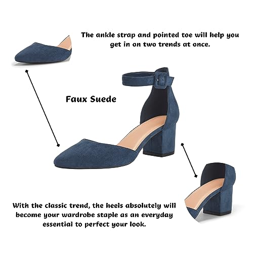 LAICIGO Women's Pointed Toe Pumps with Ankle Strap & Buckle - Chunky Heel Dress Shoes