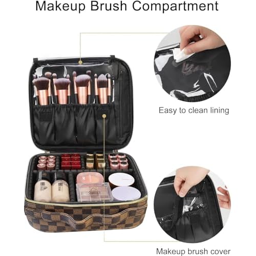 Brown Checkered Makeup Bag Organizer Travel Cosmetic Case with Brush Storage | Large Capacity Makeup & Skin Care Organizer with Adjustable Dividers | Stylish PU Leather Designer Vanity Bag