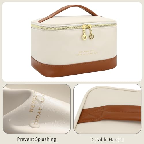 Small Makeup Bag Travel Cosmetic Bag Toiletry Zipper Pouch Make Up Organizer Bag with Handle Purse for Women Soft PU Leather Skincare Case (L01-Beige)