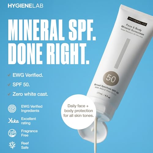 HygieneLab Mineral Sunscreen SPF 50 ? Invisible Sheer Finish, Rated Excellent on Yuka, Zinc Oxide, Broad Spectrum UVA/UVB Protection, Reef Safe, Aloe Vera & Shea Butter Hydration (Large 6 oz)