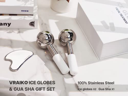 VRAIKO Ice Globes & Gua Sha Set - White Facial Cryo Tools for Dark Circles Puffiness