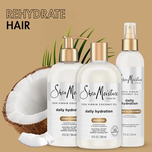 SheaMoisture Shampoo & Conditioner + Leave-in Treatment, Daily Hydration with Coconut Oil, Hair Detangler, Frizz Control, Cruelty-Free (3 Piece Set)