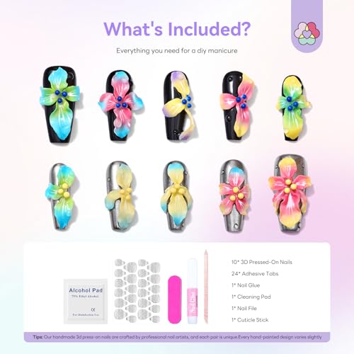 Handmade Press On Nails Almond 3D Hand Painted Flower Fake Nails with Cherry Droplet Designs Reusable Stick On Kit