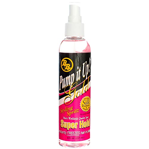 Bronner Brothers Pump It Up Spritz Gold Super Hold Hair Spray 8oz Pack of 4 - Fast Drying, No Buildup