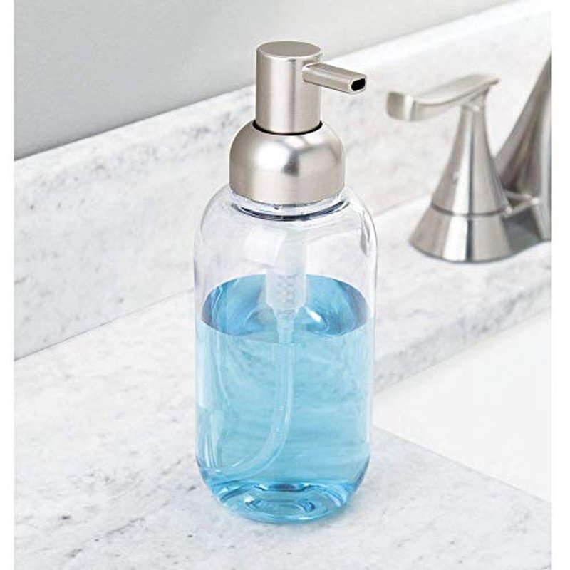 mDesign Round Plastic Refillable Liquid Soap Dispenser Pump Bottle for Bathroom Vanity Countertop, Kitchen Sink - Holds Hand Soap, Dish Soap, Hand Sanitizer, Essential Oils - 2 Pack - Clear/Brushed