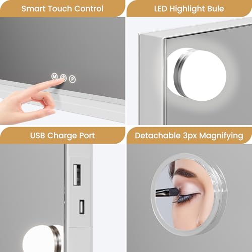 GAOMON Vanity Mirror with Lights, Lighted Mirror with 15 Dimmable LED Bulbs, Makeup Mirror with 3X Magnification, 3 Colors Modes,Touch Control, Metal Frame,White