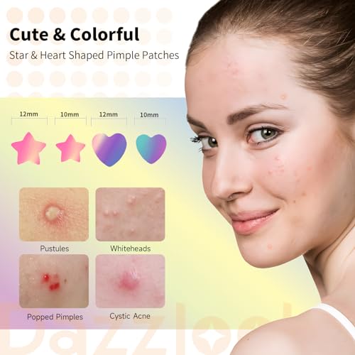 Star Pimple Patch with Salicylic Acid Tea Tree Oil & Centella Asiatica, Hydrocolloid Pimple Stickers Iridescent Colors 96 Pcs 2 Sizes, Cute Star Heart Shaped Zits Blemishes Breakouts Patches