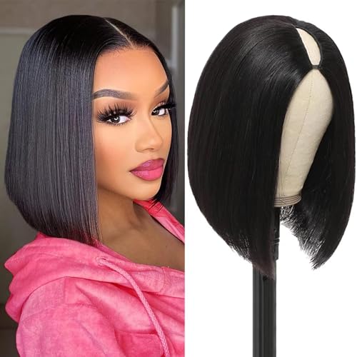 12 Inch V Part Human Hair Bob Wig for Black Women - Glueless, Beginner Friendly
