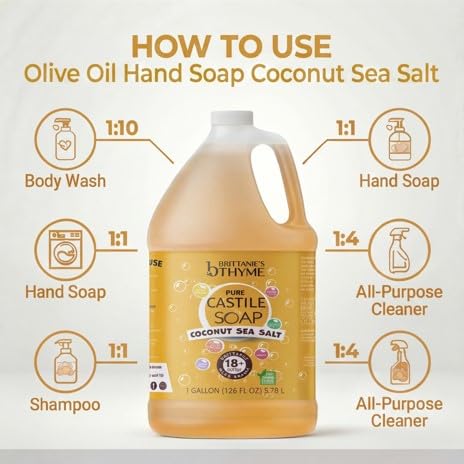 Castile Liquid Soap Refill with Coconut Sea Salt - 128 Fl Oz (Gallon) - Versatile Natural Cleaner