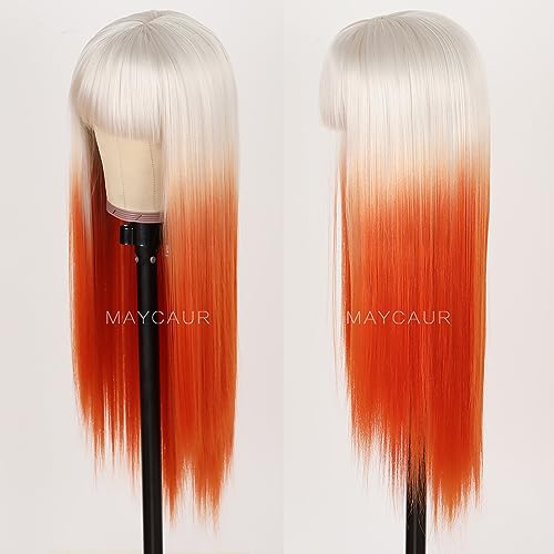 Long Straight Synthetic Wig with Full Bangs - Orange White Ombre, No Lace, Heat Resistant, 22 Inch - Fashion Women