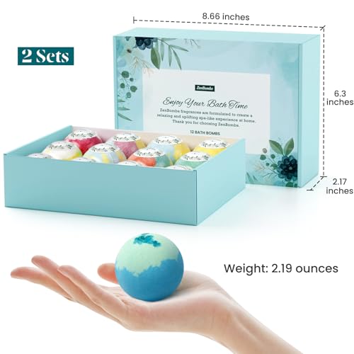 ZenBombs Bath Bombs Set - 12 Scented Natural Shea Butter Fizzes, Blue Box 24 pcs